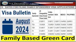 Visa Bulletin August 2024 for Family Based Green Card  F1 F2A F2B F3 and F4 Visas.
