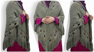 #كروشيه شال مثلث كاب بونشو كارديجان سكارف دمج غرزين المروحة والجراني Winter crochet scarf
