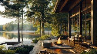 Cozy Lake House with Crackling Fire and Lake Waves Sounds for Meditation and Stress Relief