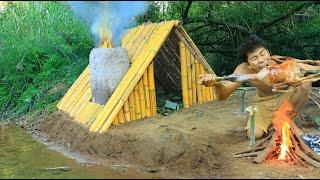 Building complete and warm survival shelter  Building a bamboo hut