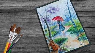 Girl Walking In The Rain  Rainy Day Painting with Watercolor #painting #watercolor #rainyday #rain