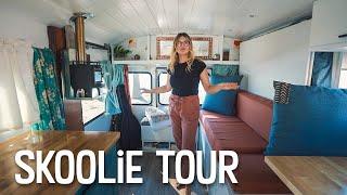 SKOOLIE CONVERSION TOUR  School Bus Converted into Open Floor Plan Tiny House