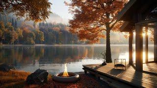 Spending Time on Autumn Ambient with Calm Fire pit Birdsongs and Relaxing Lake Wave Sounds