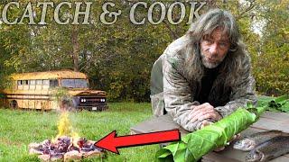 I Buried a Trout Under the Fire Catch & Cook  PLUS Making New Friends at Mushroom Encampment
