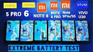 Redmi Note 9 Pro9S vs Realme 6 vs Note 8 Pro vs Note 8 vs Vivo U20 Extreme Battery Test