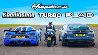 Koenigsegg v Tesla Plaid v Turbo Hayabusa DRAG RACE