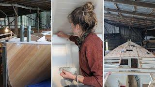 Fixing down the plywood deck Iefke bores for the stern tube. Ep17