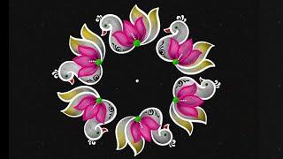 Amazing Peacock kolam 7 dotsLotus flower rangoli  festival muggulu  easy rangoli ​⁠@easydotskolam