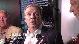 Jimbo Fisher takes questions prior to speaking at the Brazos Valley A&M Club Coachs Night