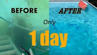 Opening pool in Spring without chemicals using siphon to clean algae and leaves.