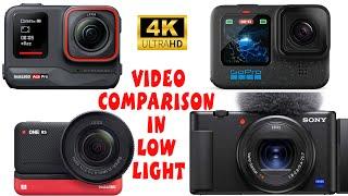 Insta Ace Pro vs. GoPro Hero12 vs Insta 360 RS one inch Leica  vs Sony ZV-1 Low Light Comparison