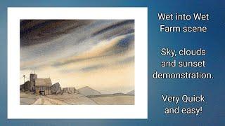 Wet into Wet Farm scene watercolor sky sunset. Line and wash. Great for beginners. Peter Sheeler