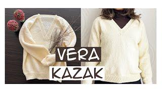 Vera Kazak  Yakadan Başlanan V Yakalı Dikişsiz Yetişkin Kazağı  Knitting V-Neck Top Down Sweater