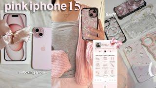 pink iphone 15 aesthetic unboxing accessories + whats on my phone