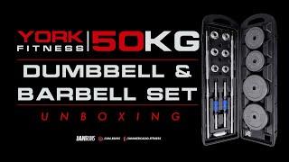 YORK FITNESS  50KG HAMMERTONE DUMBBELL & BARBELL SET - UNBOXING