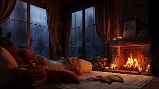 Nighttime Thunderstorm Haven - Fireside Comfort with Rain Fireplace and Sleeping Cat