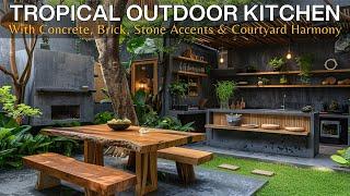 A Modern Tropical Outdoor Kitchen Dining Area with Brick Concrete Stone Accents & Courtyard Harmony