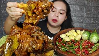 Makan besar gulai kaki tunjang sapi sambal kacang jengkol muda pare mentah Mukbang