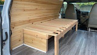 CAMPER VAN BED BUILD  How to- Slat Bed Build And Vinyl Floors GMC Safari Adventure Van Build EP. 8