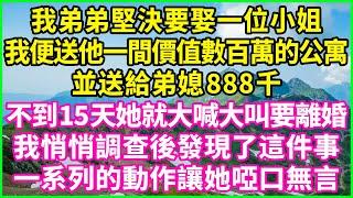 我弟弟堅決要娶一位小姐，我便送他一間價值數百萬的公寓，並送給弟媳888千，不到15天 她就大喊大叫要離婚！我悄悄調查後發現了這件事，系列的動作讓她啞口無言！#人生哲學 #感人故事 #深夜談話