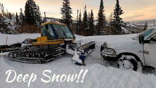 Stuck Dodge Ram Dragged Down Mountain by Snowcat Post-Storm Recovery