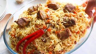 Traditional Uzbek Pilaf Recipe with Lamb - Uzbek Plov Uzbekistan National Dish - Plov Pulao or Pilaf