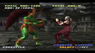Tekken Tag Tournament Ogre bearhugs Nina in her red catsuit outfit in practice mode with no bgm