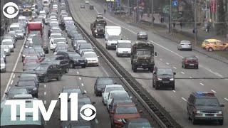 Long lines of traffic as people leave Kyiv in Ukraine