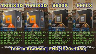 AMD 7800X3D vs 7950X3D vs 9600X vs 9950X + RTX 4090  Windows 11 Pro 23H2  Test in 8 Games  FHD