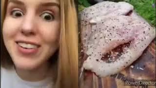 Реакция девушек на видео  с разделкой куриной филе