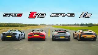 AMG GT C vs Audi R8 vs McLaren 570S vs BMW i8 - Roadsters ROOF DRAG and ROLLING RACE