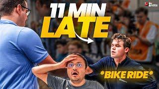 PURE DRAMA  Magnus Carlsen arrives 11 minutes late on a Bike against 2550 rated GM