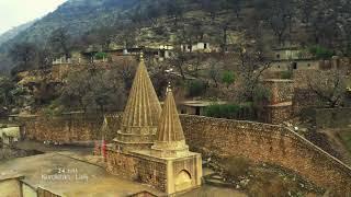 An aerial view of Lalish the Yezidi Spiritual Heartland in the Kurdistan Regions Shekhan district