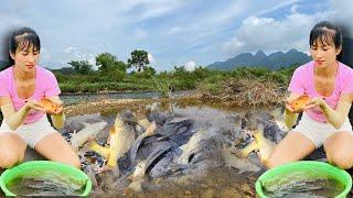 Girl harvests giant fish by the stream using a vacuum cleaner \ country girl