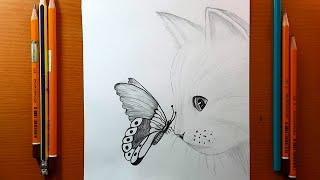 Disegni facili  Come disegnare un gatto con la farfalla - schizzo a matita per principianti