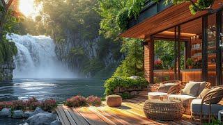 Morning Summer Coffee Porch by Forest Waterfall with Soft Piano Jazz Music for Positive Moods