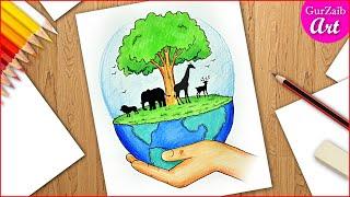 Save wild life and forests poster drawing on world wildlife day  step by step for beginners