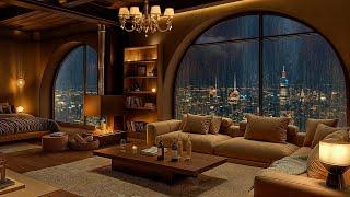 Cozy Apartment with A Night View of New York in the Rain ️ Smooth Jazz Saxophone Music for Sleeping