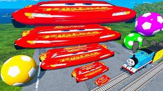 FAT CAR vs LONG CARS with Big & Small Wide Lightning Mcqueen vs Thomas Trains - BeamNG.Drive