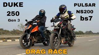 BAJAJ PULSAR NS 200 E20 VS KTM DUKE 250 GEN 3  DRAG RACE 