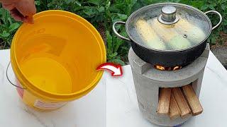 Use cement and paint buckets to create a great wood stove