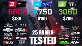 RX 6600 8GB vs ARC A750 8GB vs RTX 3060 12GB  R9 - 7950X3D  1080p - 25 Games Tested