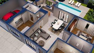 Planta de Casa em 3D com três Quartos e Garagem 