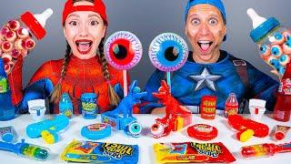 Red Food vs Blue Food Challenge 레드 블루 푸드 챌린지 Spiderman vs Capitan Dessert Mukbang by KIKIMO