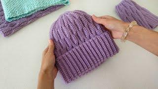 Красивая шапка крючком из одного мотка. Узор Соты . Шапка с отворотом   Crochet hat