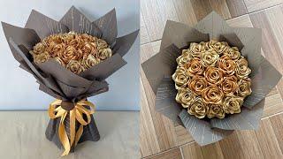 DIY  How to Make a Bouquet of Roses from Satin Ribbons Easy  Wrapping a Round Flower Bouquet