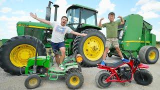 Moving Hay and Driving Kids Motorcycle on the Farm  Tractors for kids