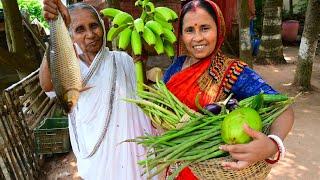 Village style fishing and cooking  পুকুরের টাটকা রুই মাছের সাথে টাটকা কাচ কলার রেসিপি  villfood