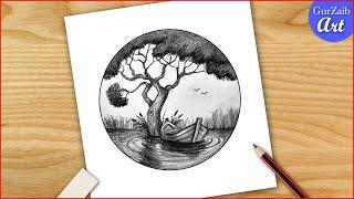 How to draw easy pencil shading Lake Landscape - drawing tutorial for beginners