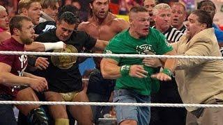 John Cena and Brock Lesnar get into a brawl that clears the entire locker room Raw April 9 2012